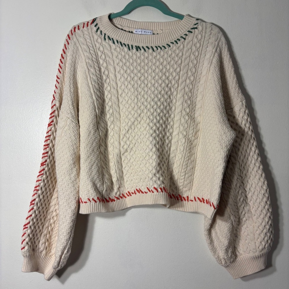 Miou Muse Cable Knit Sweater Womens Large Cream Excellent